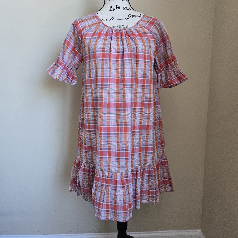 Madewell plaid ruffle sleeve popover mini dress womens XXS